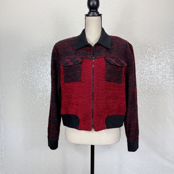 Christina Hope Petite Red Black Woven Zip-Up Jacket Retro Vintage Style Medium - Picture 9 of 9